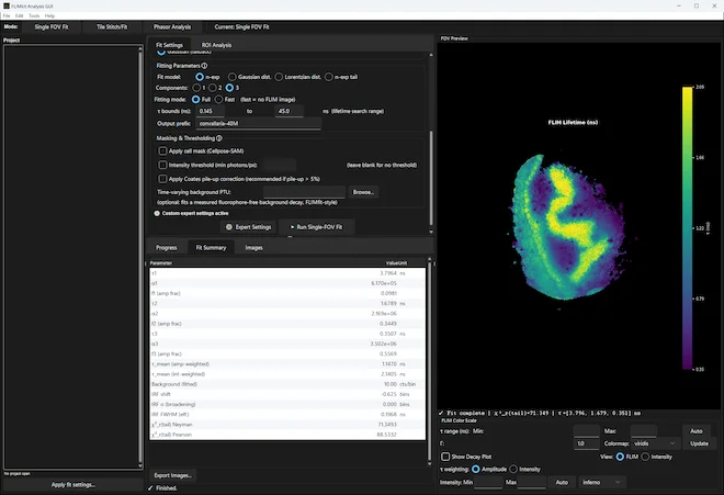 FLIMKit's desktop application with the recording loaded and fitted